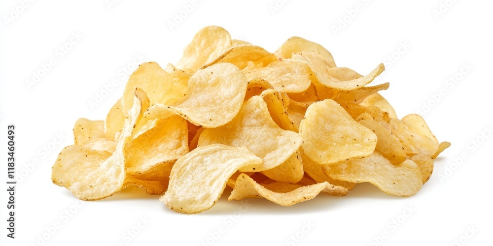 Isolated pile of potato chips against a white background, showcasing an abundant collection of crispy potato chips perfect for snacking or culinary inspiration for your next recipe. Isolated pile of potato chips against a white background, showcasing an abundant collection of crispy potato chips perfect for snacking or culinary inspiration for your next recipe.