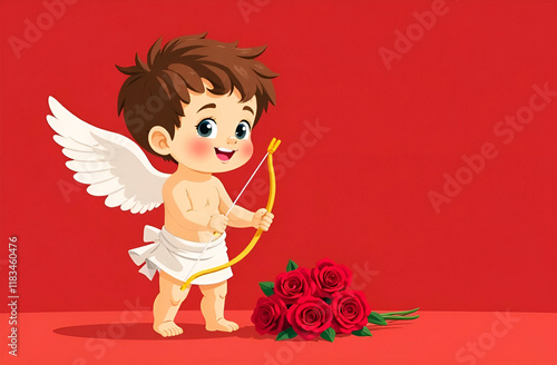 baby cupid on red background in greek clothes with bow and arrows in hands looking at camera and smiling near his feet big bouquet of red roses with space for text on the right.