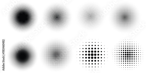 Set of halftone dots gradient pattern texture isolated on white background. Straight dotted spots using halftone circle dot raster texture. Vector blot half tone collection.