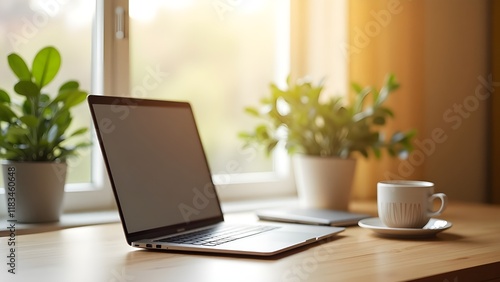 Wallpaper Mural A modern minimalist desk setup in a cozy home office with a laptop, coffee mug, and a plant Torontodigital.ca
