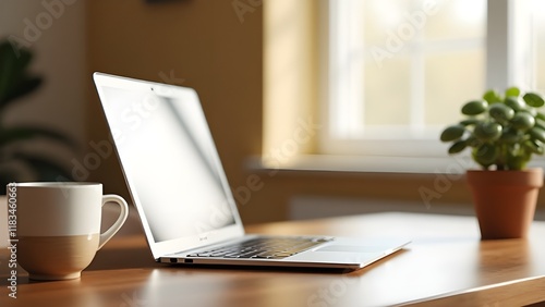Wallpaper Mural A modern minimalist desk setup in a cozy home office with a laptop, coffee mug, and a plant Torontodigital.ca