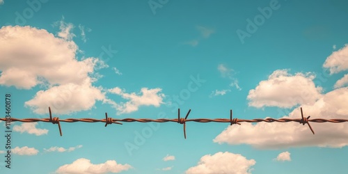 A barbed wire fence is set against the backdrop of the sky, with clouds overhead, creating a striking contrast of sharpness against the softness of the sky and clouds.