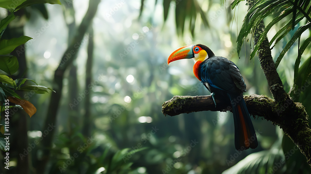 Naklejka premium A colorful bird is perched on a branch in a lush green forest. generated using AI