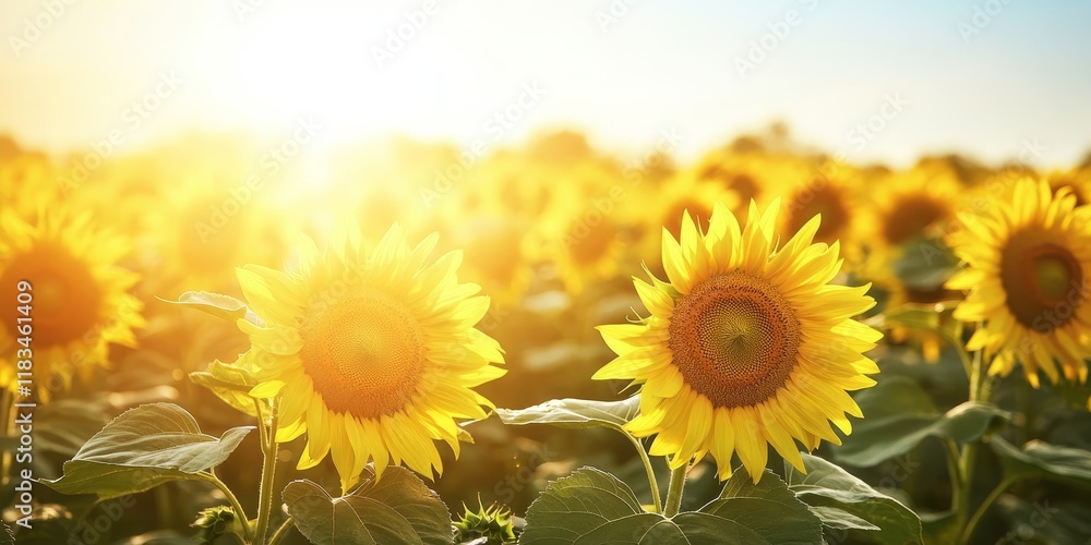 Obraz premium A vibrant field of yellow sunflowers basking in the summer sun under clear skies, showcasing the beauty of blooming sunflowers and their captivating allure in sunny weather.