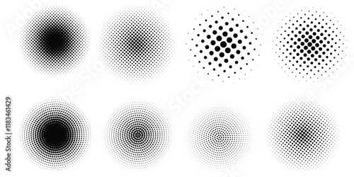 Set of halftone dots gradient pattern texture isolated on white background. Straight dotted spots using halftone circle dot raster texture. Vector blot half tone collection.