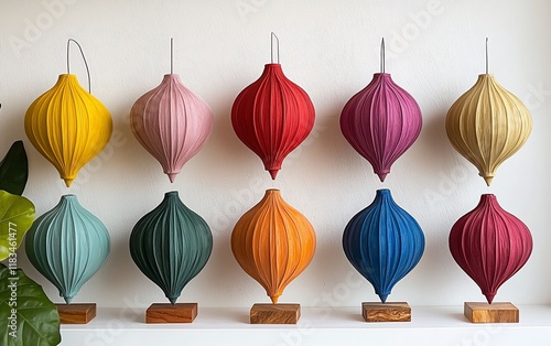 Colorful pleated fabric Christmas ornaments on wooden stands. photo