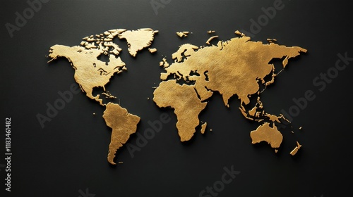 A gold world map on a black background, symbolizing global connectivity and luxury in design.