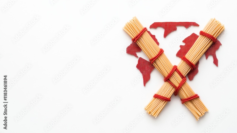 Elegant arrangement of uncooked spaghetti tied with red strings over a fabric map, symbolizing culinary art and global cuisine Elegant arrangement of uncooked spaghetti tied with red strings over a fabric map, symbolizing culinary art and global cuisine