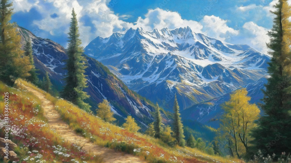 Beautiful Mountain landscape with snow-capped peaks and blue sky with clouds Beautiful Mountain landscape with snow-capped peaks and blue sky with clouds