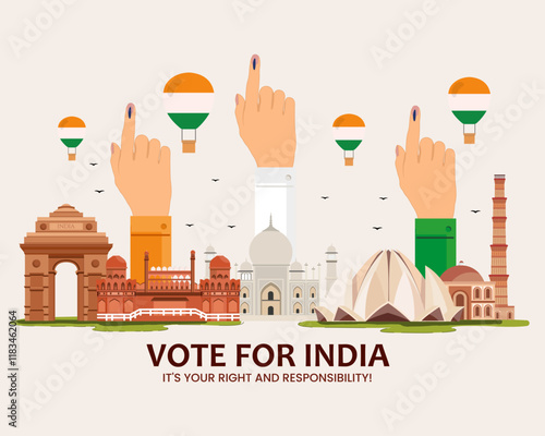 Indian people Hand with voting sign showing vote for india and indian famous monuments