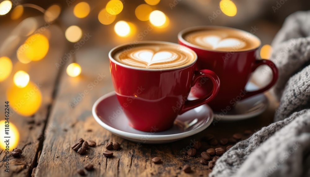 Cozy autumn scene with two red coffee cups and heart latte art on rustic table Cozy autumn scene with two red coffee cups and heart latte art on rustic table