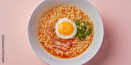 Luncheon meat paired with a fried egg complements Nissin instant noodles served in flavorful soup, creating a delightful meal experience with Luncheon meat and Nissin noodles. photo