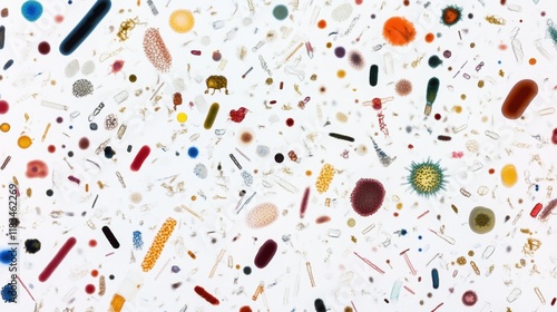 A microscopic view of bacteria with various shapes, sizes, and colors, scattered across a pristine white background.
