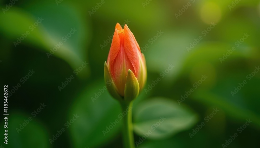 Close-up of a vibrant orange flower bud amidst lush green leaves Close-up of a vibrant orange flower bud amidst lush green leaves