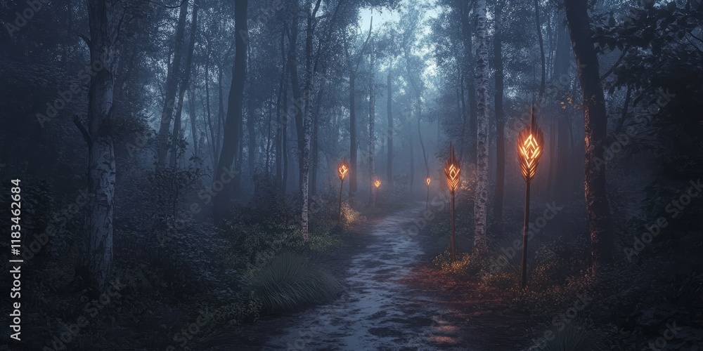 Fototapeta premium Wooden arrows guide the way through a mystical dark forest, creating an enchanting atmosphere filled with intrigue and adventure in the heart of nature. Explore the charm of wooden arrows.