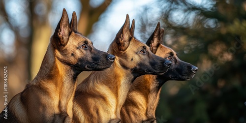 A trio of three young Malinois dogs, each 11 months old, is gazing in the same direction, showing a united focus among the group. photo