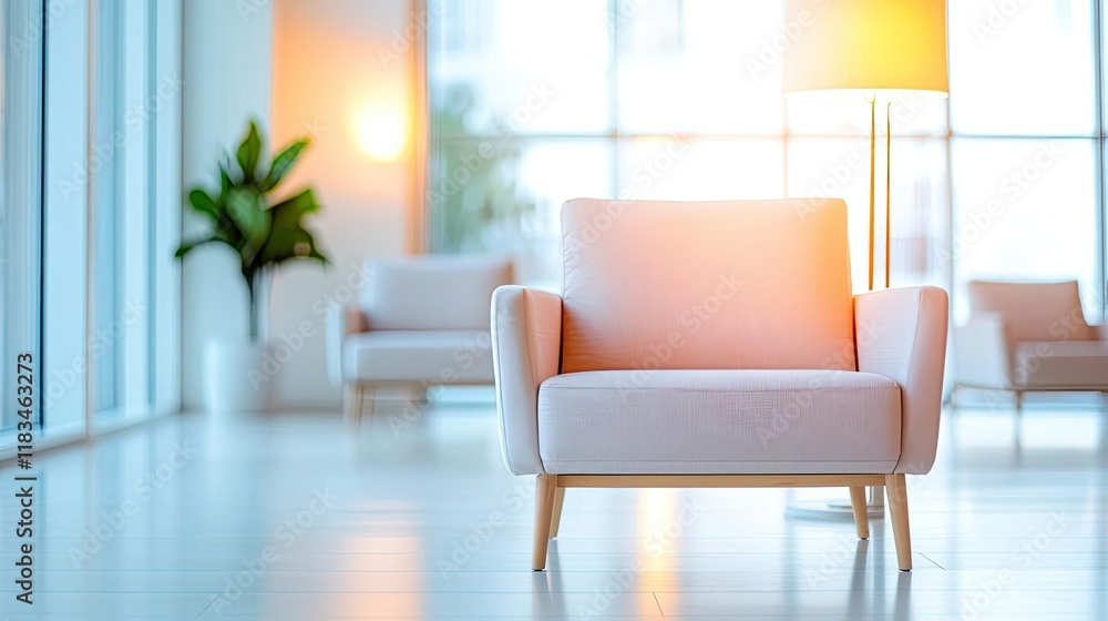 Fototapeta premium Minimal furniture idea. Cozy modern chair in a bright, airy interior with soft lighting and greenery.