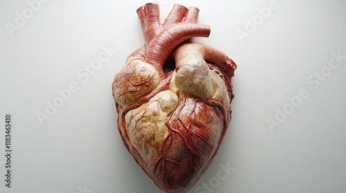 A simplified yet realistic human heart model, with clear details of major vessels and textures, centered on a pristine white background. photo