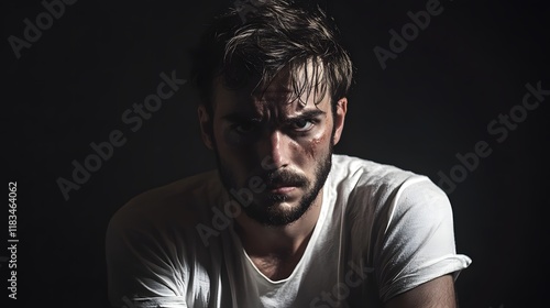 A man with an exhausted look, slouched and eyes half-lidded, against a plain black background