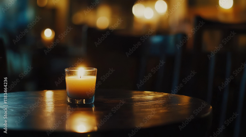 Single candle glowing on a table in a dark room, symbolizing power outage and minimalistic simplicity with ample copy space for design Single candle glowing on a table in a dark room, symbolizing power outage and minimalistic simplicity with ample copy space for design