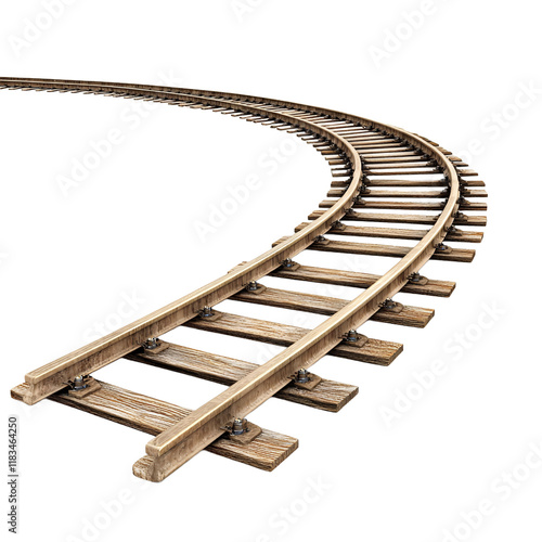 An old wooden train track with curve isolated on transparent background