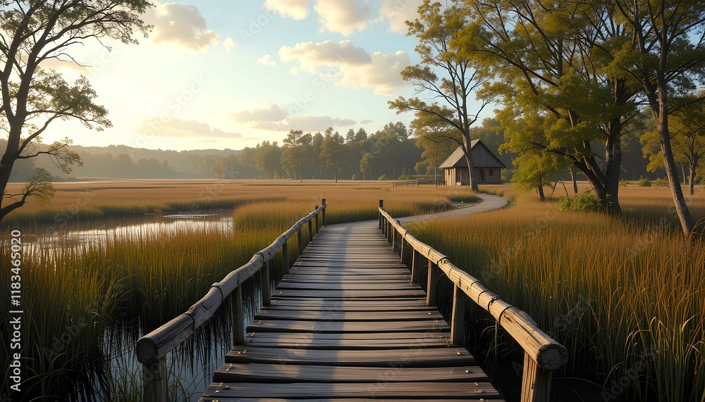 Fototapeta premium A wooden bridge over a wide landscape of wetland