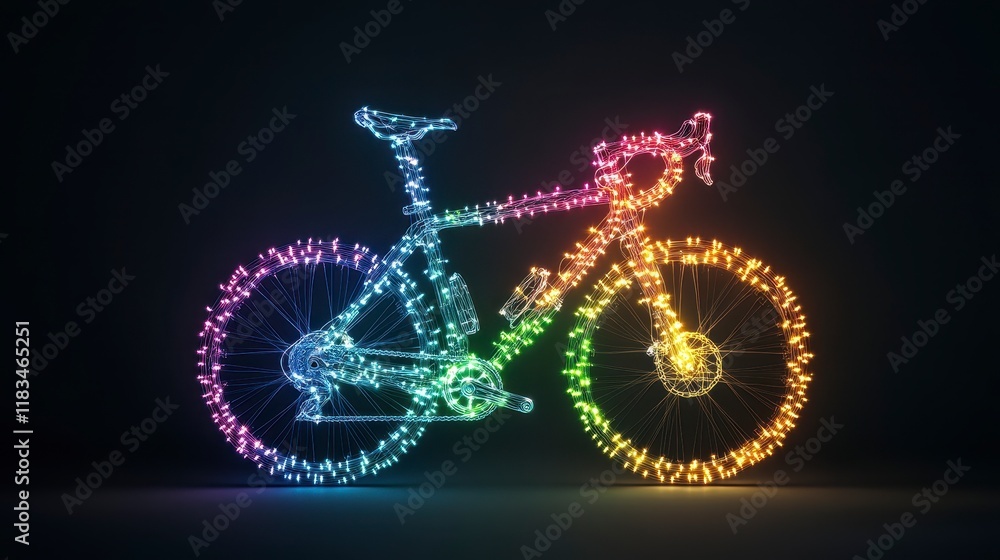 A vibrant and illuminated bicycle rendering with colorful neon lights glowing against a dark background A vibrant and illuminated bicycle rendering with colorful neon lights glowing against a dark background