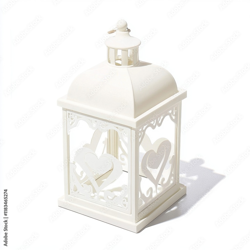White decorative lantern with heart cutouts, perfect for romantic settings or events, casting gentle shadows when lit. White decorative lantern with heart cutouts, perfect for romantic settings or events, casting gentle shadows when lit.