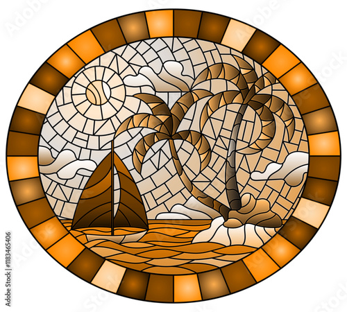 Illustration in stained glass style with a tropical sea landscape, coconut trees  on the sandy beach and a ship , oval image in frame, tone brown