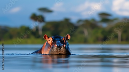 Hippopotamus partially submerged in calm water, facing the camera, with a lush green background. photo