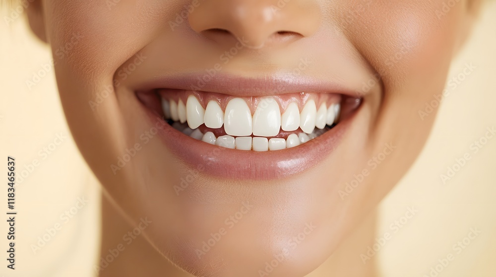 Obraz premium A person smiling with joy, showing teeth and sparkling eyes, set against a light yellow background