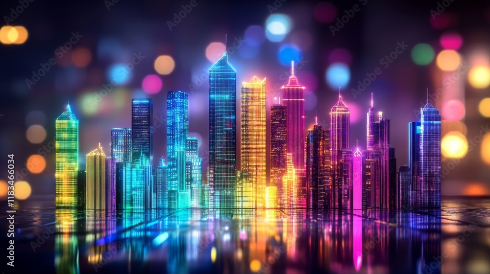 Vibrant Cityscape Illuminates Night Reflecting on Wet Surface