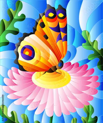 Illustration in stained glass style with a bright orange butterfly on a pink flower, rectangular image