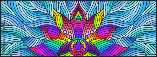 Illustration in stained glass style with bright red abstract rainbow on blue wavy background