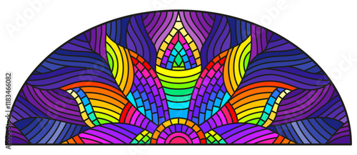 Illustration in stained glass style with bright red abstract rainbow on blue wavy background
