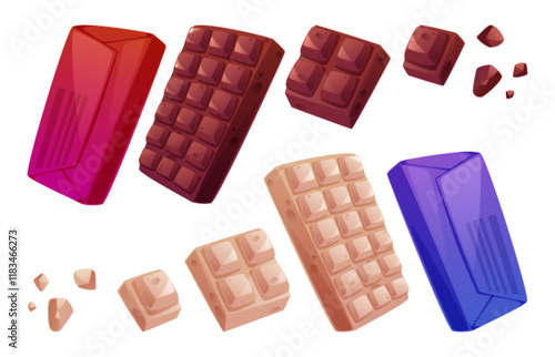 Chocolate bar collection in various sizes - dark and milk cocoa variations, wrapped, open full and broken pieces. Sweet treats displayed with segmented squares for confectionery packaging or culinary.