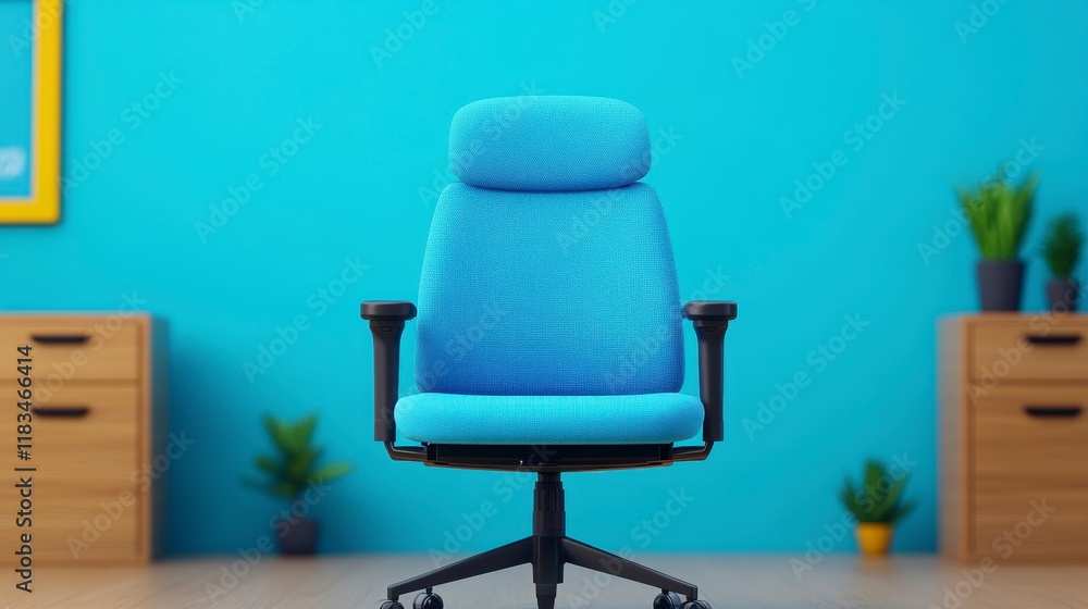 Obraz premium A modern blue office chair against a vibrant blue wall, perfect for home or corporate environments featuring minimalistic decor