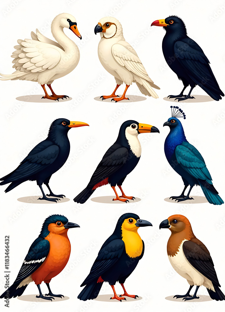 Collection of various bird species icons, vector cartoon illustration. Features swan, owl, raven, peacock, falcon, toucan, puffin. new image Collection of various bird species icons, vector cartoon illustration. Features swan, owl, raven, peacock, falcon, toucan, puffin. new image