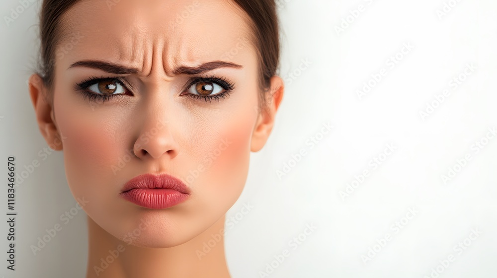 A woman with a look of deep concern, lips pursed and eyes wide, against a simple white background A woman with a look of deep concern, lips pursed and eyes wide, against a simple white background