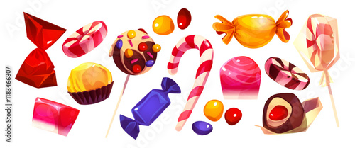 Candies set isolated on white background. Vector cartoon illustration of wrapped lollipops, chocolate sweets in foil, striped caramel cane, color bonbons, delicious holiday gift, confectionery goods