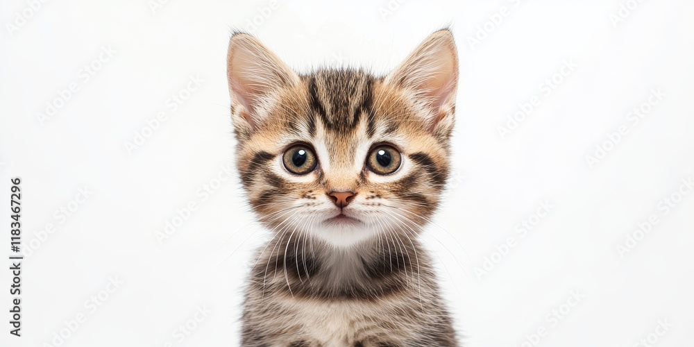 Obraz premium Charming portrait of a cute shelter kitten against a clean white background, showcasing the adorable features and personality of this cute shelter kitten. Perfect for animal lovers and pet