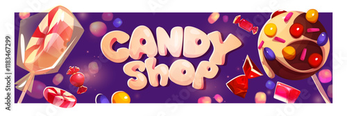 Candy shop banner design with text - decorated chocolate lollipop, wrapped sweets, bonbons and striped peppermint candies floating on purple background. store header with confectionery elements.