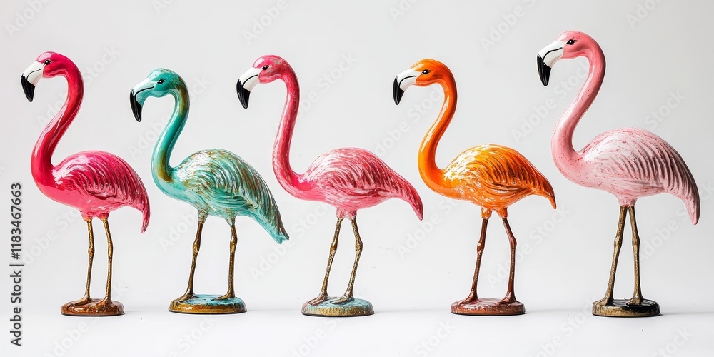 Obraz premium Flamingo figurines displayed against a plain white background, showcasing the vibrant colors and unique designs of these charming flamingo figurines that add a whimsical touch to any decor.