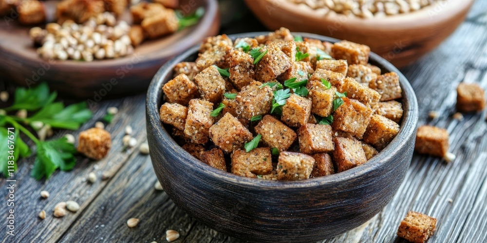 Fried buckwheat croutons served with homemade pate create a delightful dish on a wooden table. Enjoy the rich flavors of fried buckwheat croutons paired perfectly with the cooked pate. Fried buckwheat croutons served with homemade pate create a delightful dish on a wooden table. Enjoy the rich flavors of fried buckwheat croutons paired perfectly with the cooked pate.