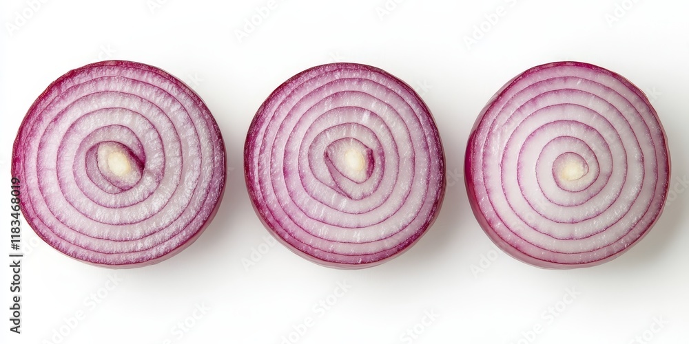 Three bulbs of sliced red onion are displayed, isolated on a white background, highlighting the vibrant color and texture of the red onion. The red onion is perfect for culinary use. Three bulbs of sliced red onion are displayed, isolated on a white background, highlighting the vibrant color and texture of the red onion. The red onion is perfect for culinary use.
