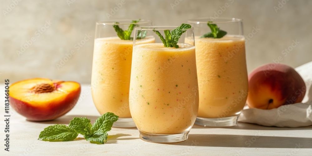 Glasses filled with a peach smoothie infused with mint, featuring a contemporary stemless design, set against a bright, light colored background. Glasses filled with a peach smoothie infused with mint, featuring a contemporary stemless design, set against a bright, light colored background.
