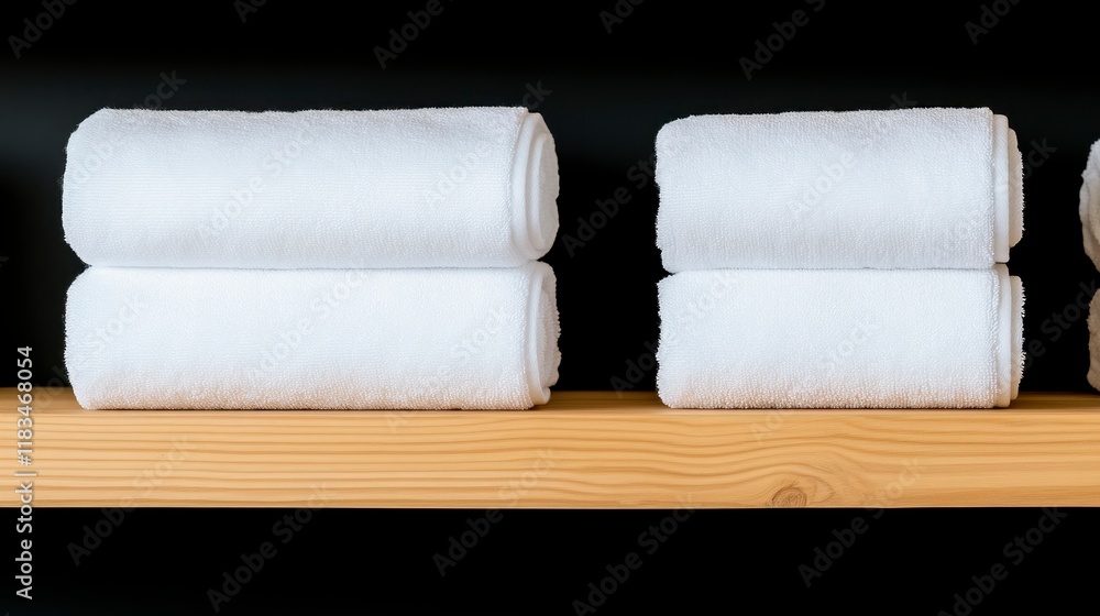 Neatly stacked white towels on a wooden shelf against a dark background, showcasing minimalistic and modern decor Neatly stacked white towels on a wooden shelf against a dark background, showcasing minimalistic and modern decor
