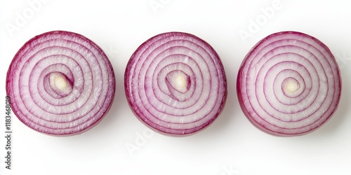 Three bulbs of sliced red onion are displayed, isolated on a white background, highlighting the vibrant color and texture of the red onion. The red onion is perfect for culinary use.
