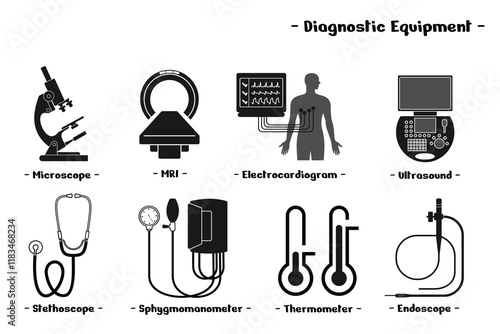 set of diagnostic equipment design, medical technology, editable vector eps 10.