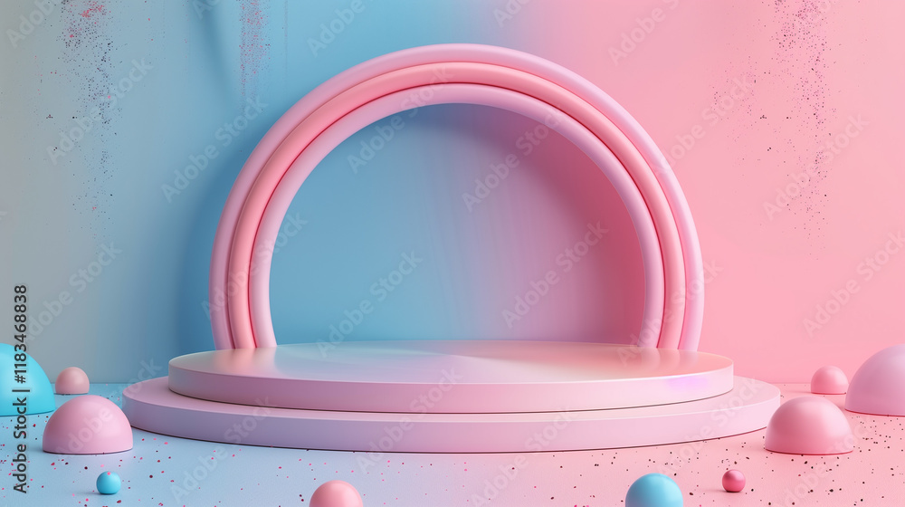 Colorful rainbow arch with clouds and podium background
Colorful rainbow arch with clouds and podium background